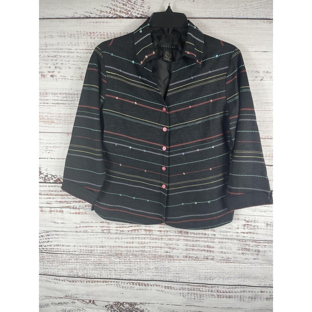 Silk Land Jacket Women's Small Black Multicolor Sequin Beaded Button Fancy Top